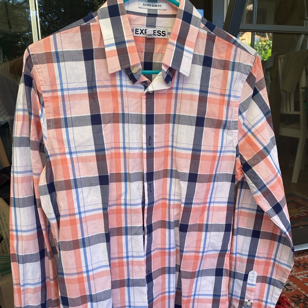 Express Men's Plaid Dress Shirt Cotton Blue White Coral Orange Pink